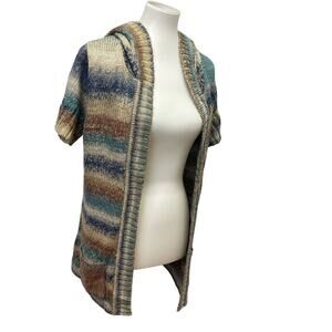 Dress Barn Womens Medium Short Sleeve Striped Knit Open Cardigan Hooded Sweater